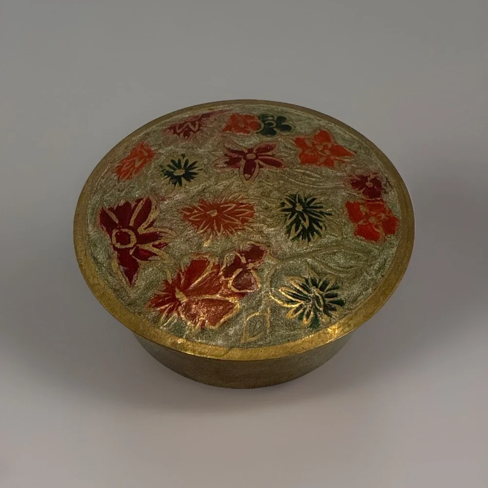 Brass Cloisonne Indian Vintage Pill/Trinket/Snuff Box Floral Design Small